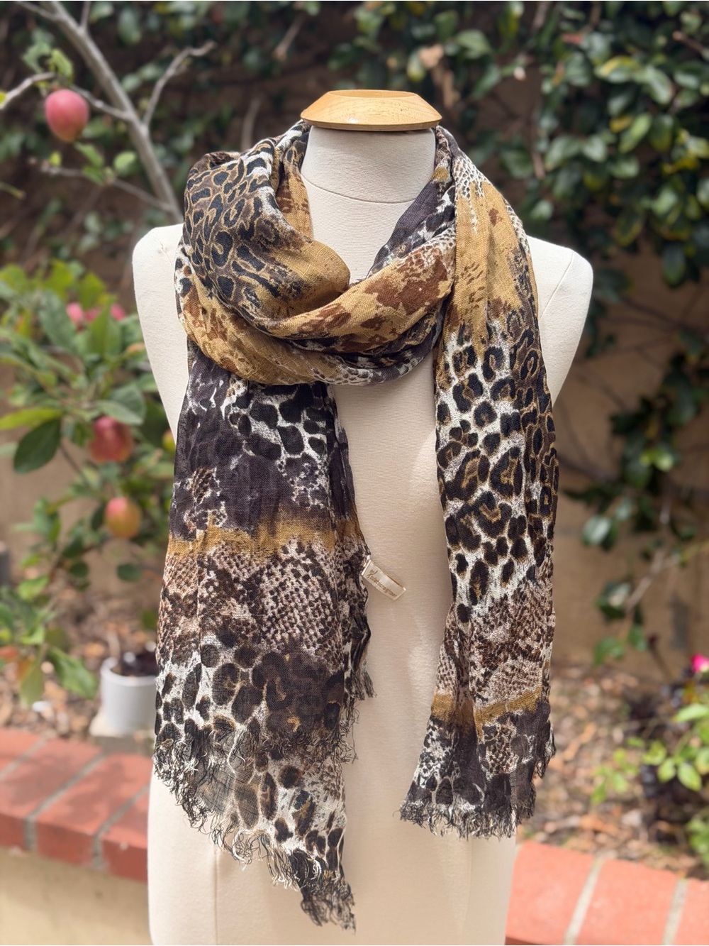 Leopard & Snake Print Wrapped Scarf - Brown, Black & Cream